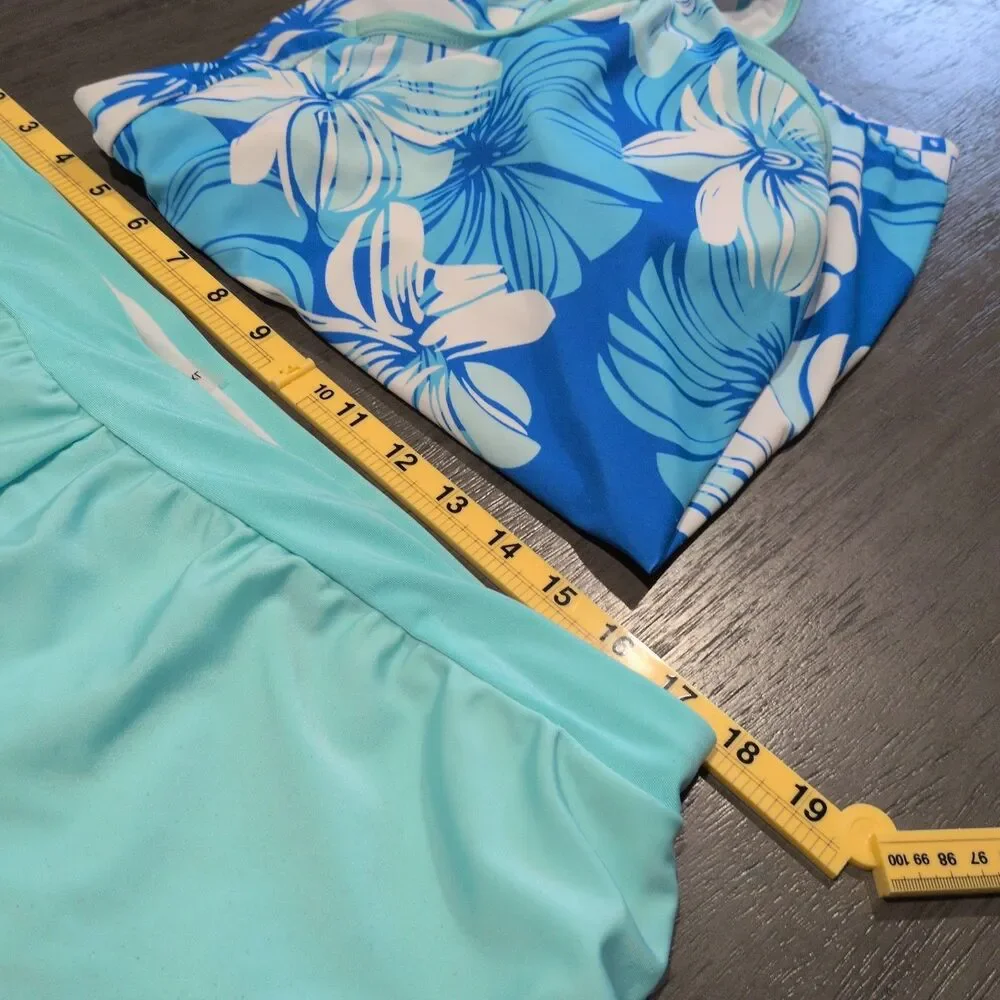 Cherievale Aqua Blue Hibiscus Floral Two Piece Tankini Swimsuit Set